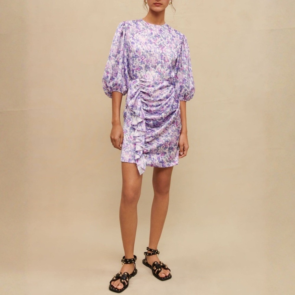 MAJE Floral Draped Short Dress NWT Size 34 / US XS Ruched Lavender $415 Retail